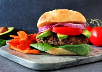Photo: Black Bean Burger with Pickles, Tomato and Lettuce