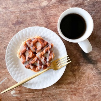 Photo: A waffle and a cup of coffee