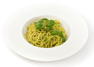 Photo: Vegan pesto made with basil and mizuna mixed with soba noodles