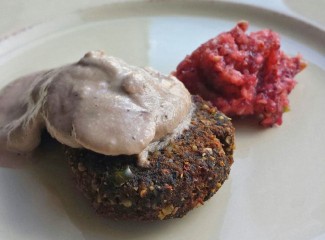 Photo: Veggie Burger with Raw Mushroom Gravy