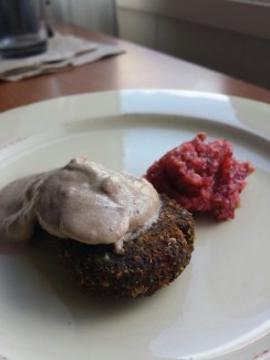 Photo: Veggie Burger with Raw Mushroom Gravy