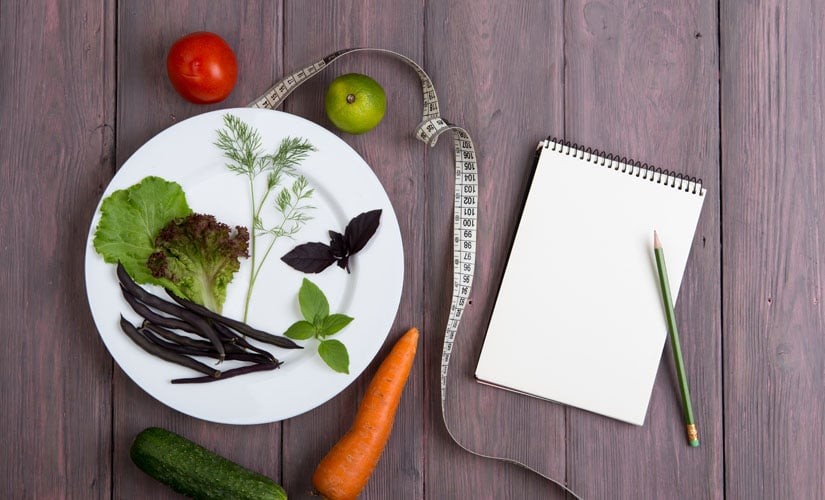 Photo: Fresh Fruits and Vegetables with a Notepad